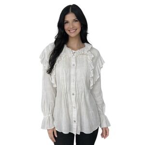 Zara Size XS White Linen Ruffle Blouse Boho Cottagecore Peasant Top Long Sleeve